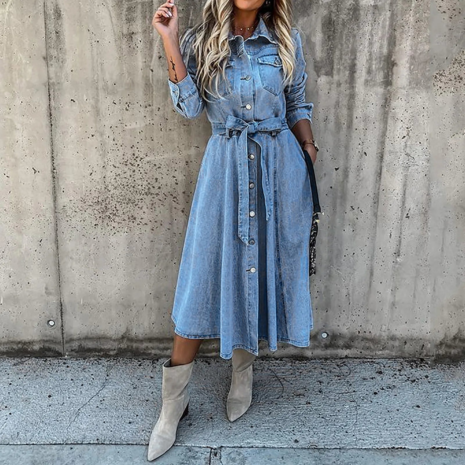 Denim Retro Casual Slim Midi Dress