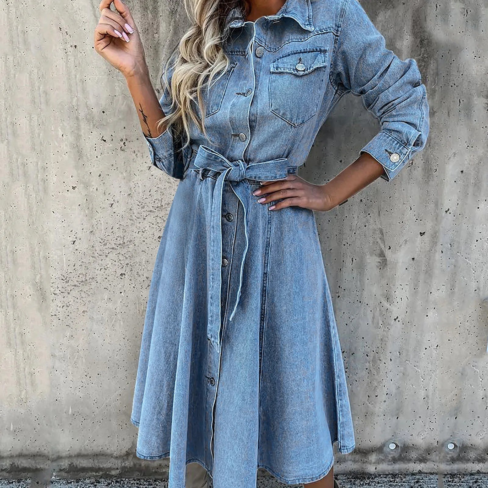 Denim Retro Casual Slim Midi Dress