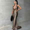 Glitter Halter V Neck Backless Party Maxi Dress