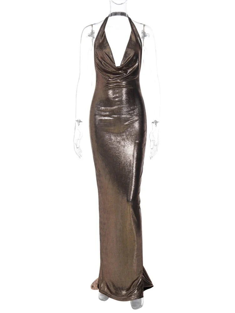 Glitter Halter V Neck Backless Party Maxi Dress