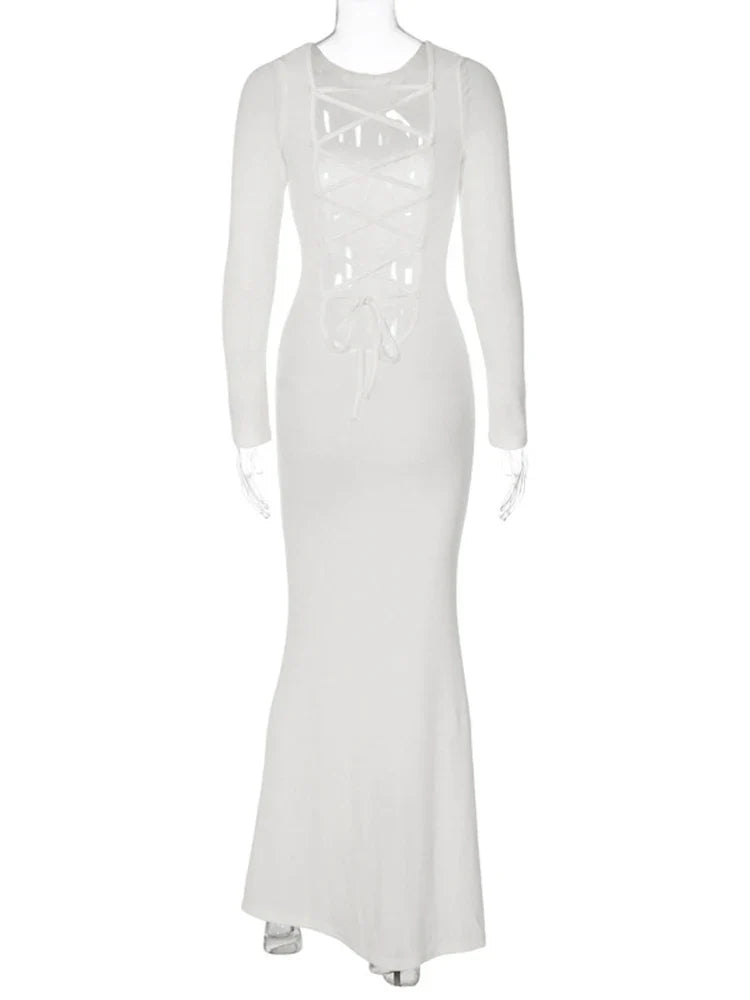 Lace Up Backless Long Sleeve Party Maxi Dress