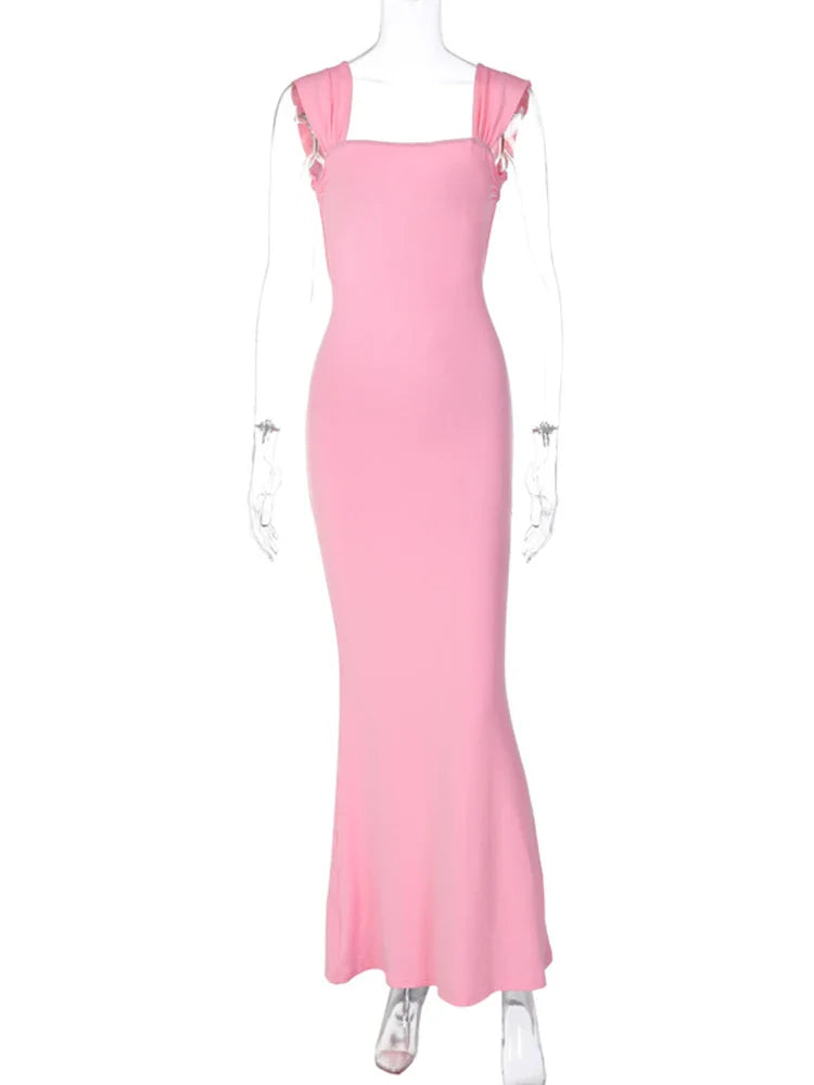 Lace Up Backless Pink Party Evening Maxi Dress