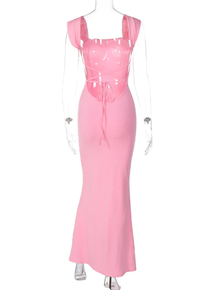 Lace Up Backless Pink Party Evening Maxi Dress