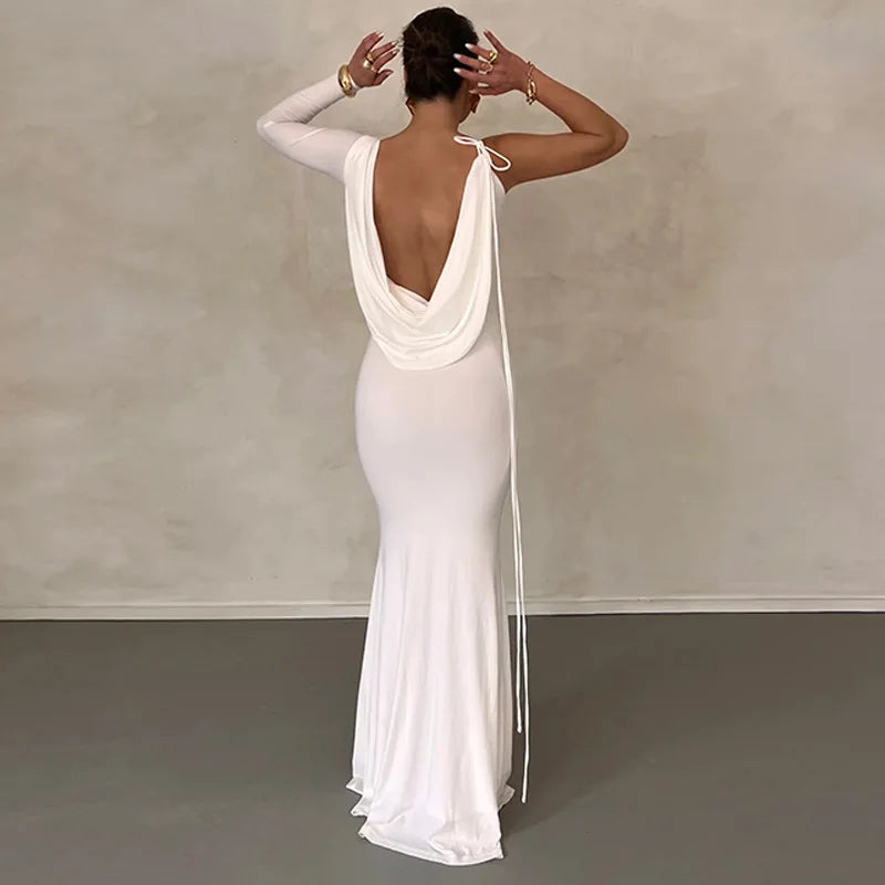 Lace Up Long Sleeve One Shoulder Party Evening Summer Maxi Dress