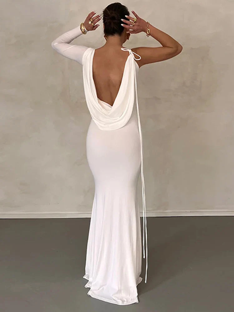 Lace Up Long Sleeve One Shoulder Party Evening Summer Maxi Dress