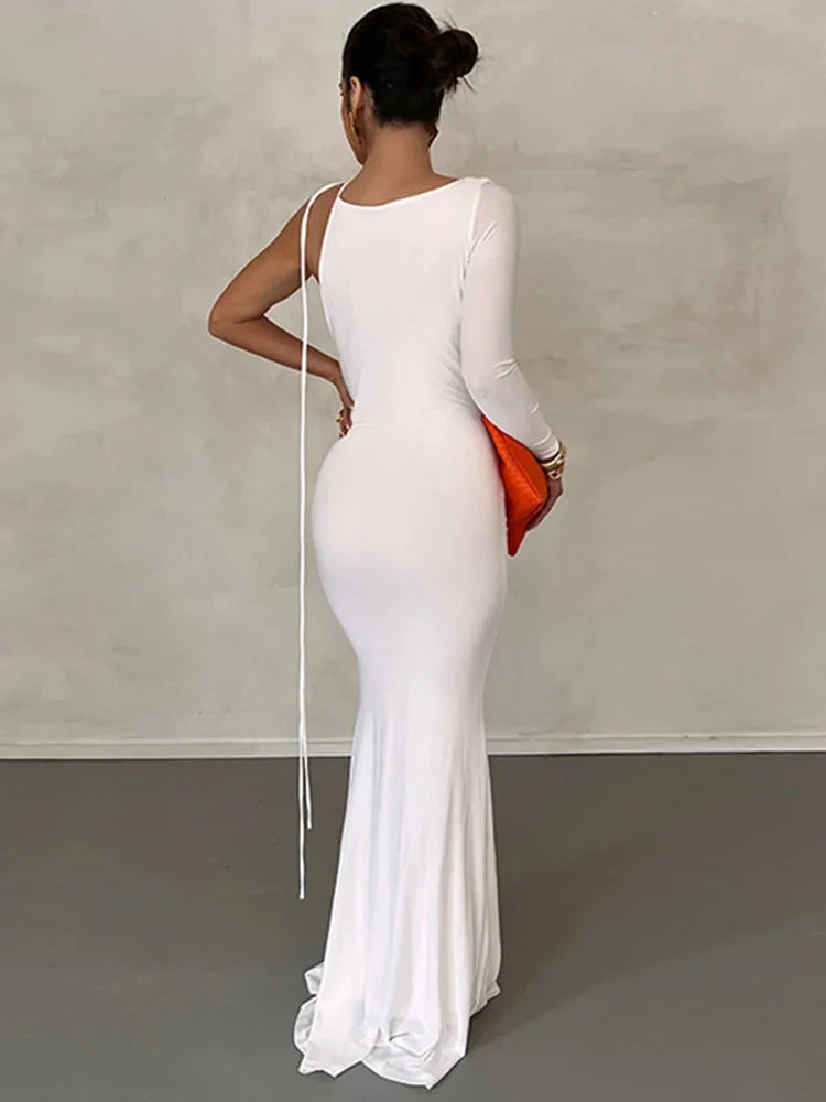 Lace Up Long Sleeve One Shoulder Party Evening Summer Maxi Dress
