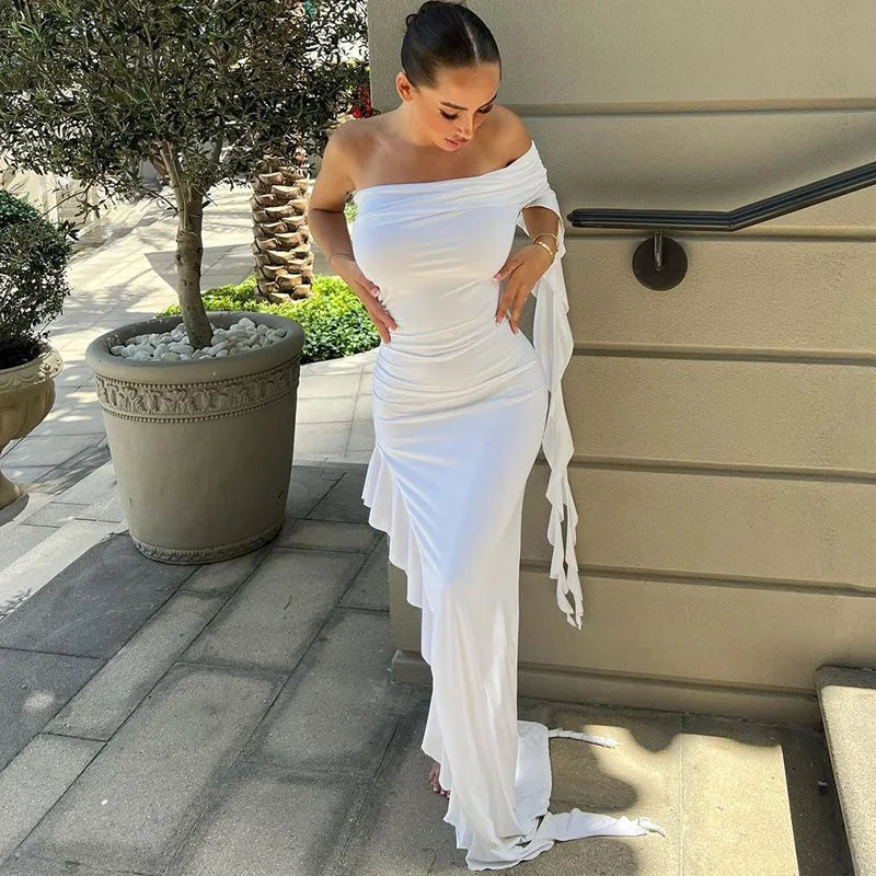 One Shoulder Ruffle Party Maxi Dress