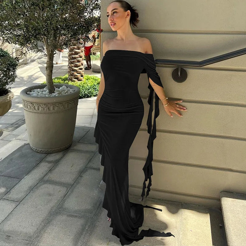 One Shoulder Ruffle Party Maxi Dress