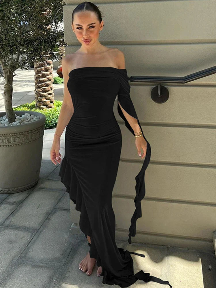 One Shoulder Ruffle Party Maxi Dress