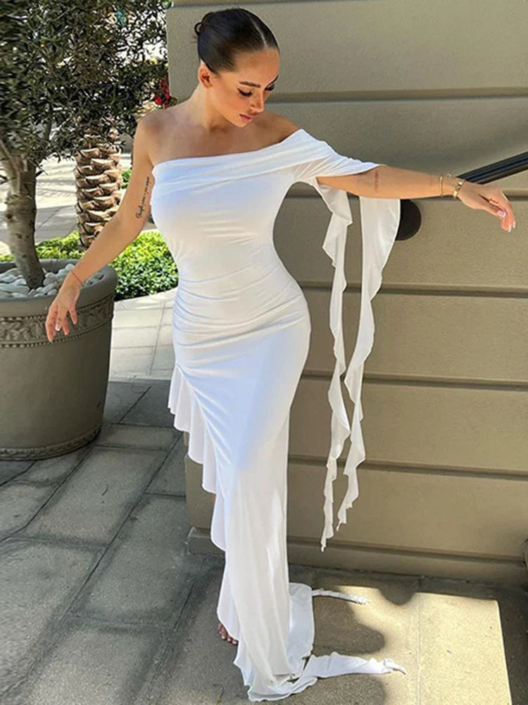One Shoulder Ruffle Party Maxi Dress