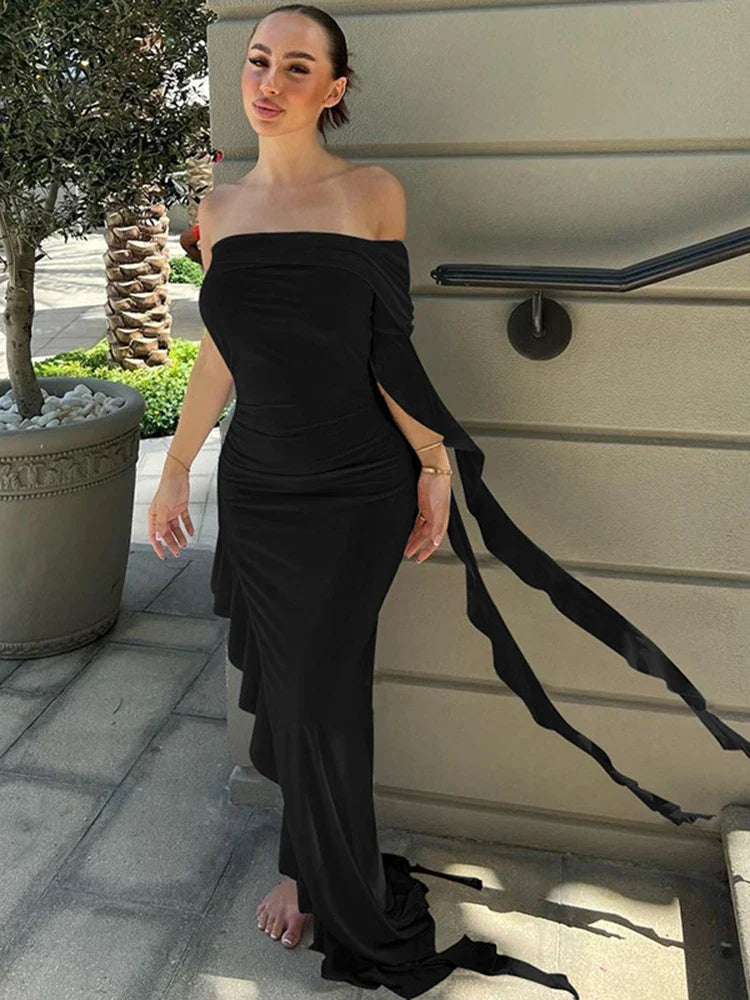 One Shoulder Ruffle Party Maxi Dress
