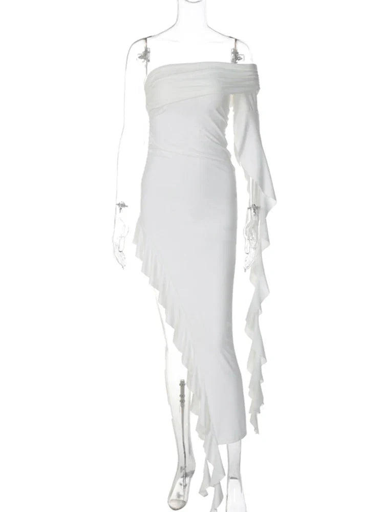 One Shoulder Ruffle Party Maxi Dress