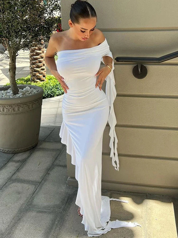 One Shoulder Ruffle Party Maxi Dress