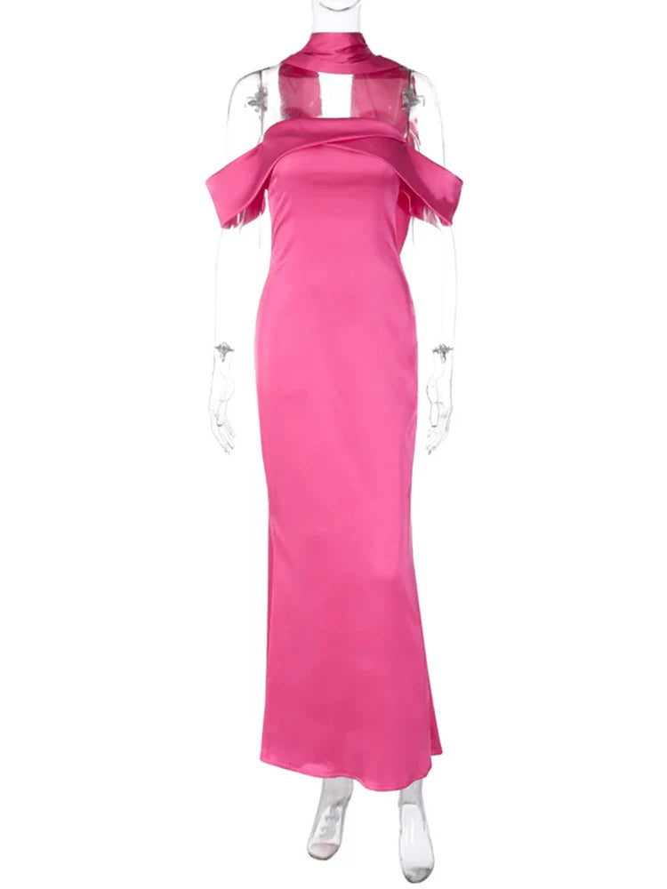 Satin Off Shoulder Party Evening Summer Maxi Dress