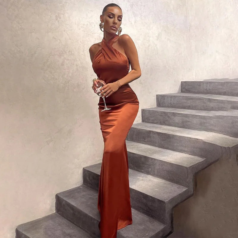 Sleeveless Cross Halter Backless Bodycon Party Maxi Dress