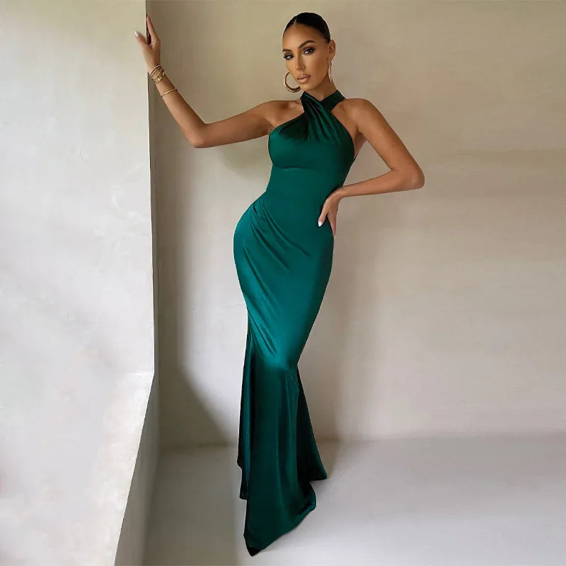Sleeveless Cross Halter Backless Bodycon Party Maxi Dress
