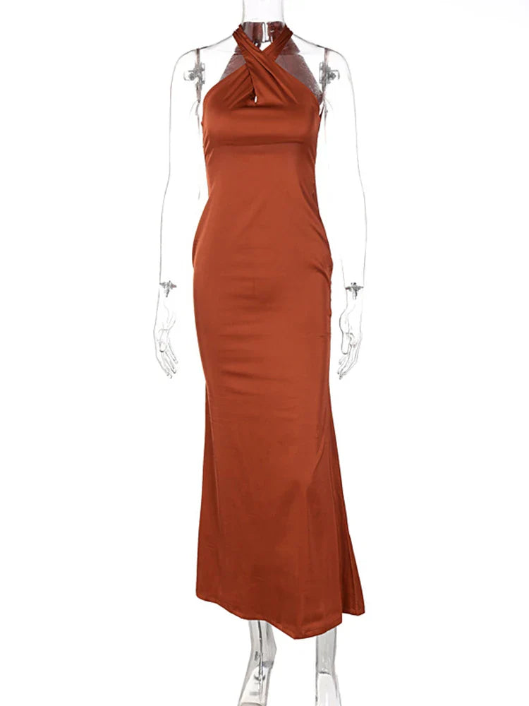 Sleeveless Cross Halter Backless Bodycon Party Maxi Dress