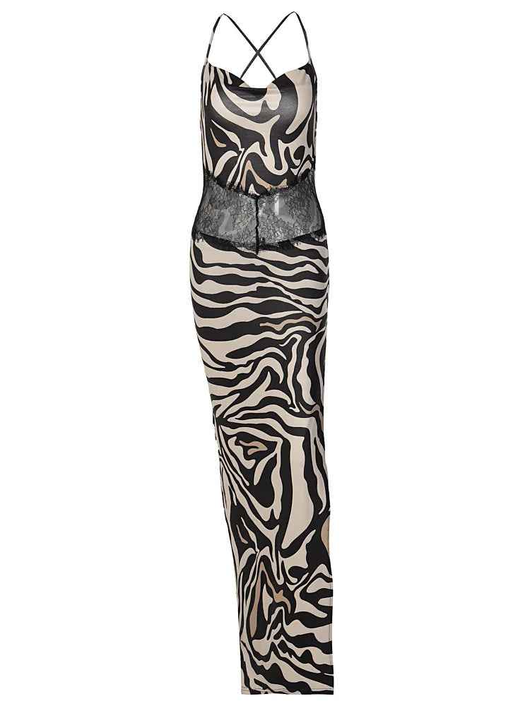 Zebra Side Slit Patchwork Backless Party Maxi Dress