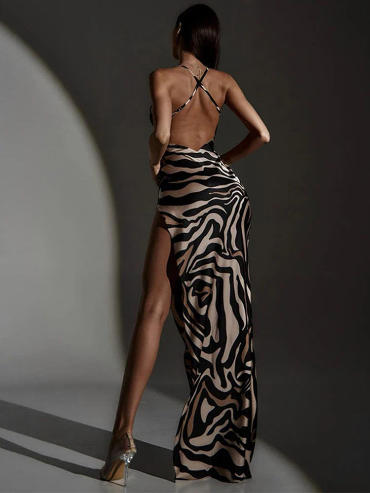 Zebra Side Slit Patchwork Backless Party Maxi Dress