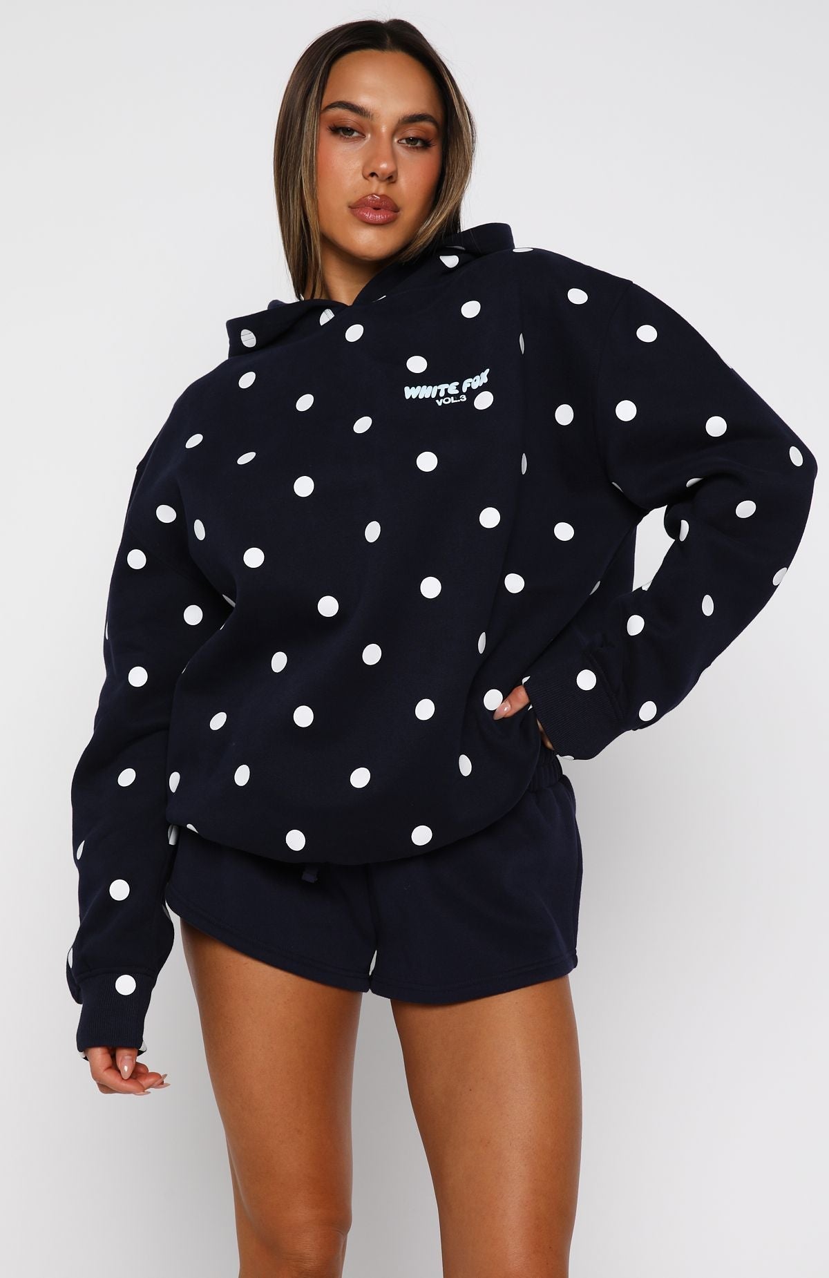 Offstage Printed Oversized Navy Polka Dot Hoodie