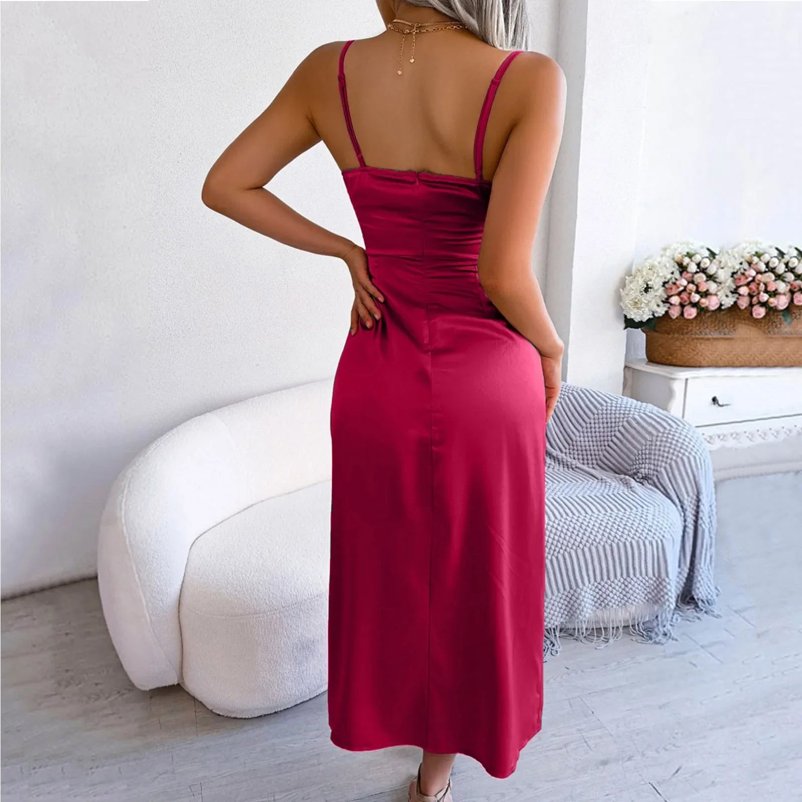 Split Sun Sleeveless Satin Open Back Midi Dress