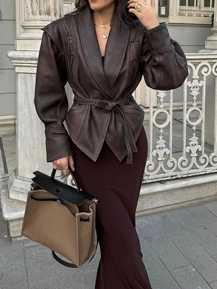 Black Belted Zip Leather Coat