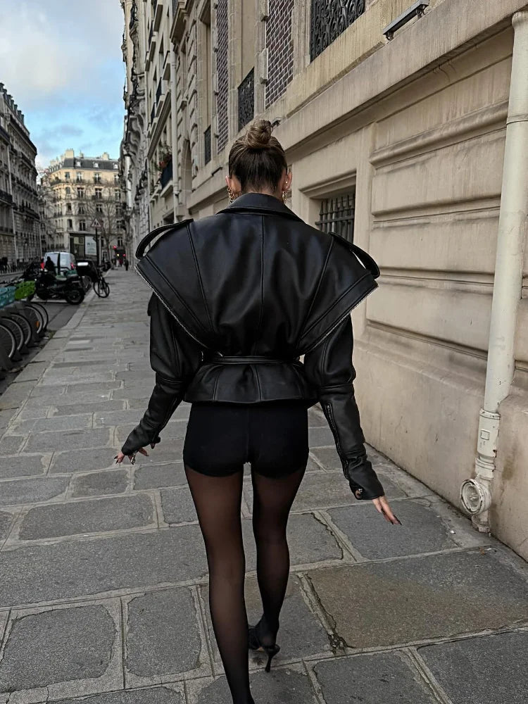 Black Belted Zip Leather Coat