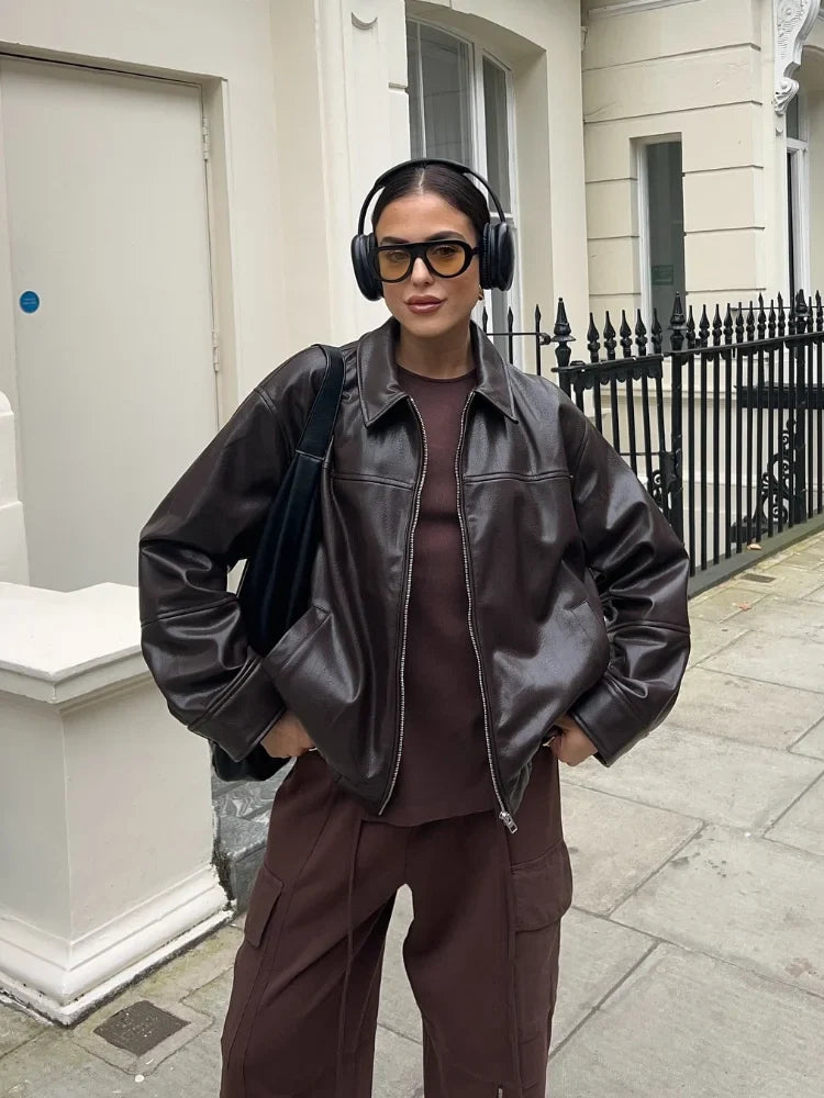 Chestnut Drawstring Leather Coat