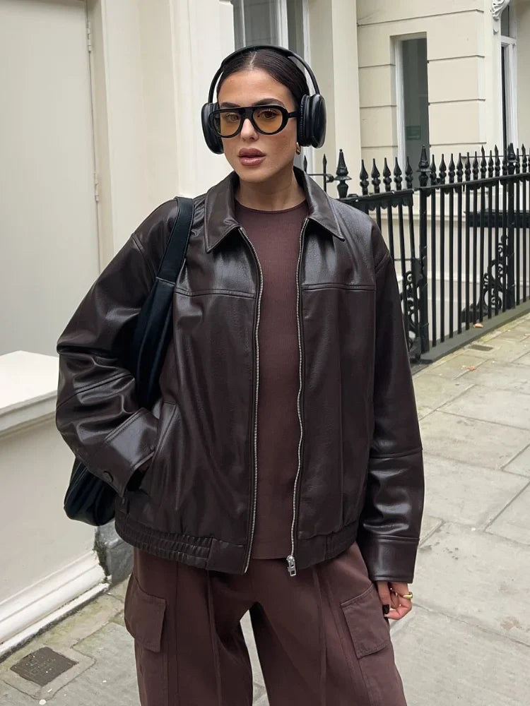 Chestnut Drawstring Leather Coat