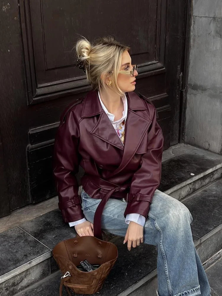 Wine Red Short Leather Coat
