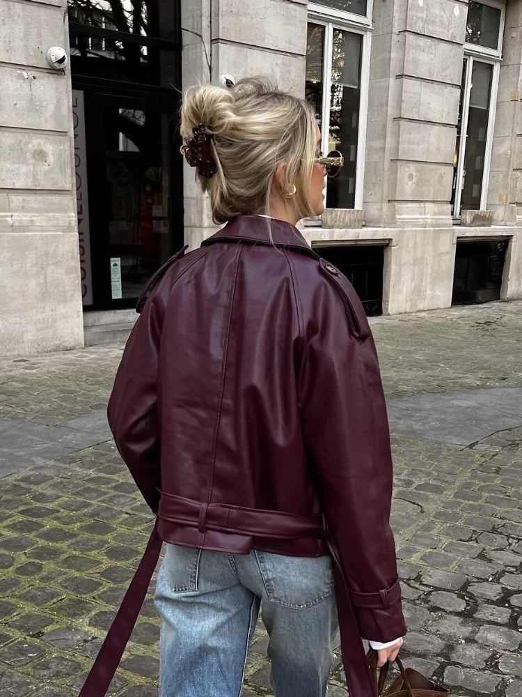 Wine Red Short Leather Coat