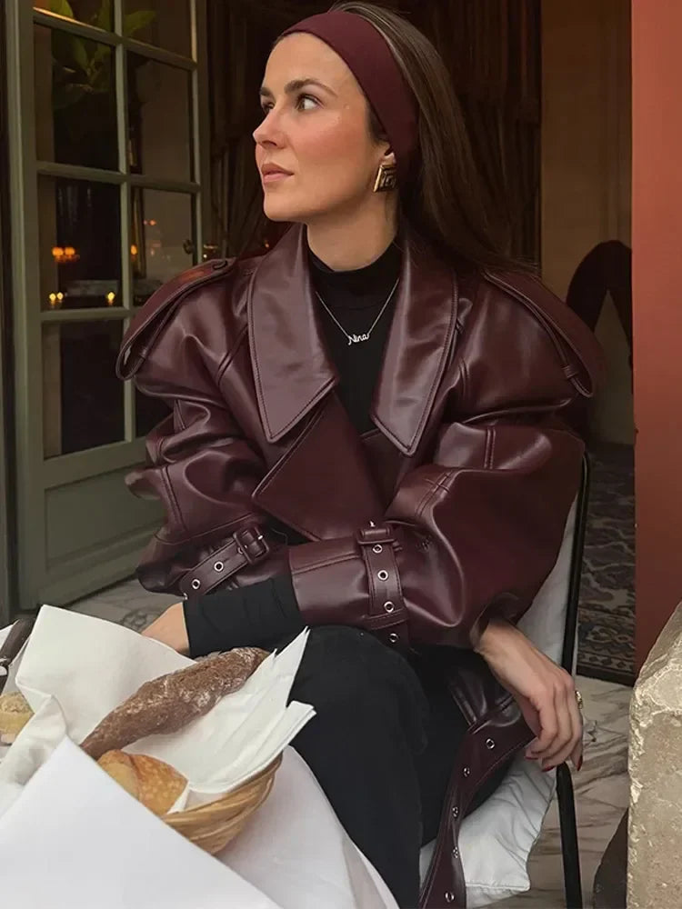 Wine Red Short Leather Coat