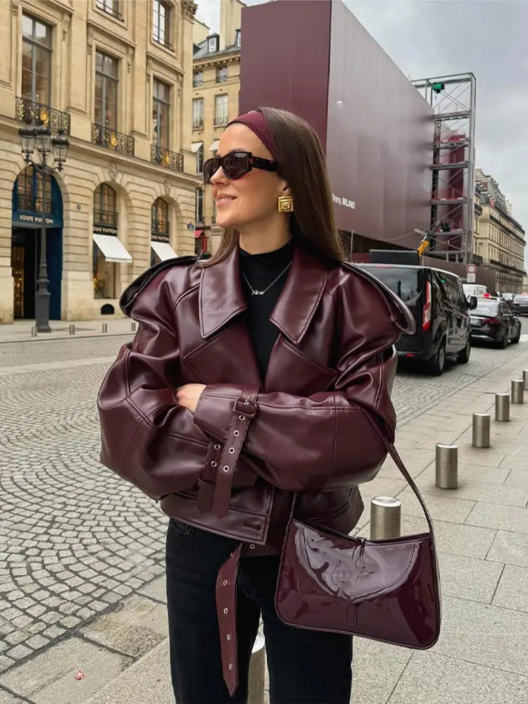 Wine Red Short Leather Coat