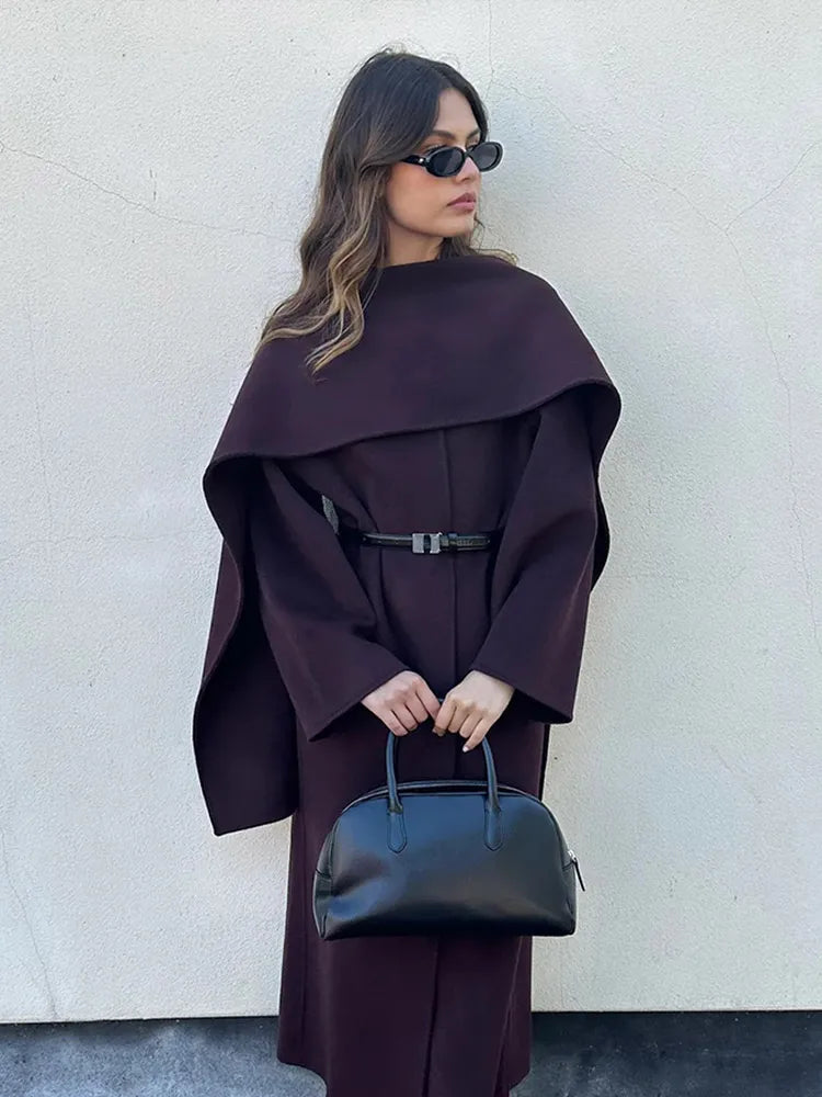 Burgundy Scarf Neck Wool Coat