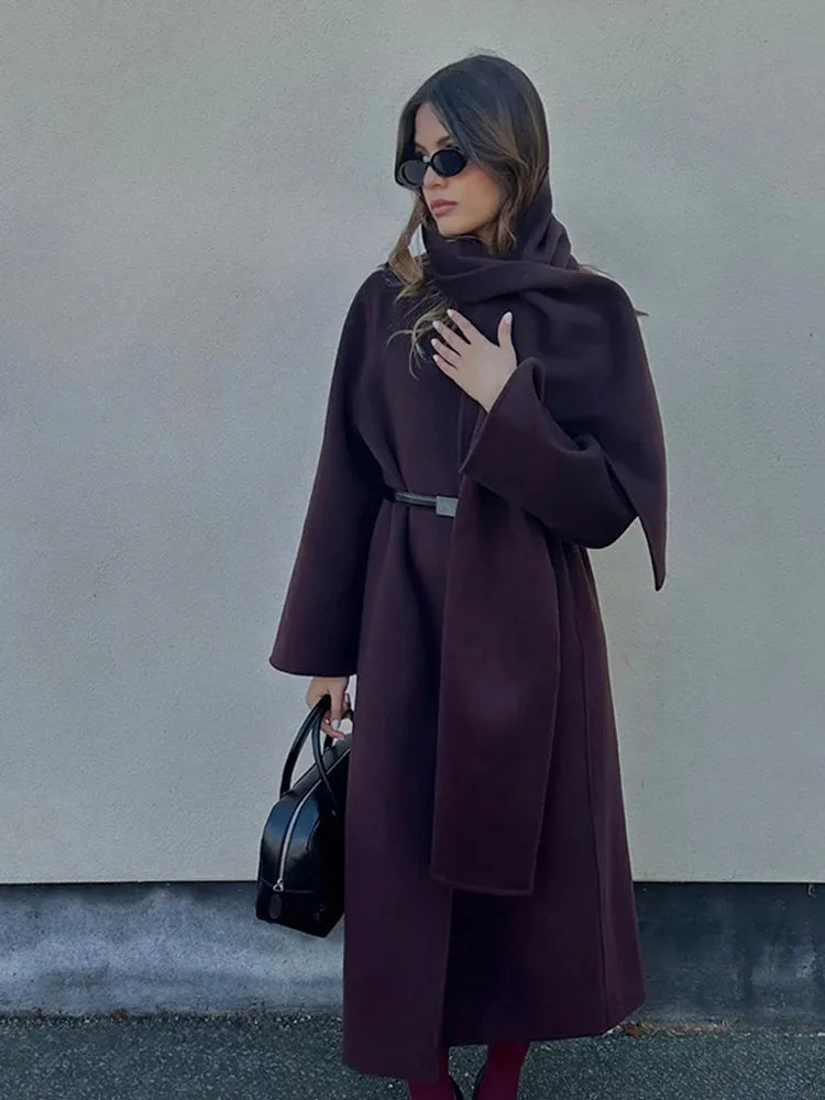 Burgundy Scarf Neck Wool Coat