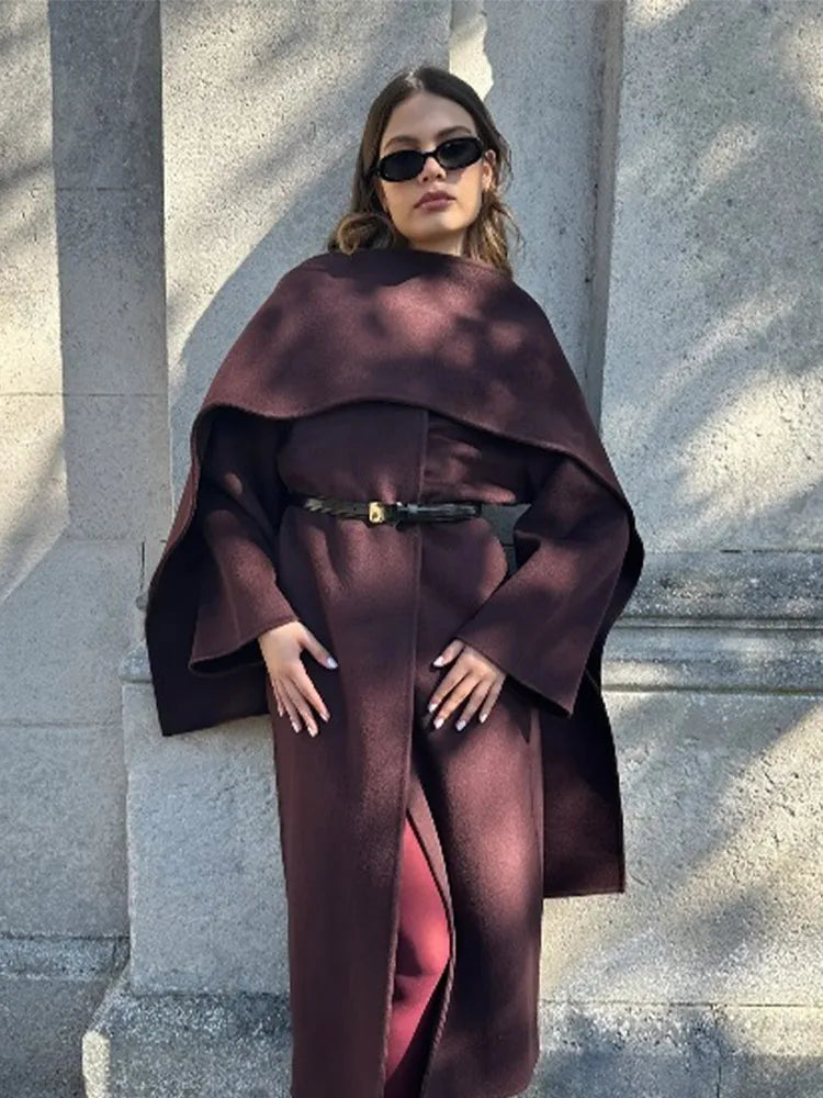 Burgundy Scarf Neck Wool Coat