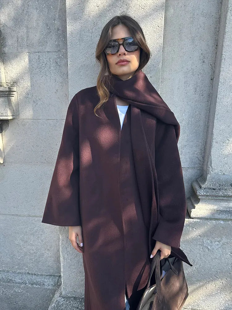Burgundy Scarf Neck Wool Coat