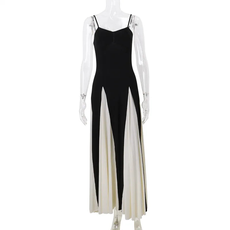 Draped Spaghetti Strap Slim Patchwork Backless Maxi Dress