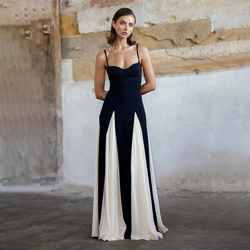 Draped Spaghetti Strap Slim Patchwork Backless Maxi Dress