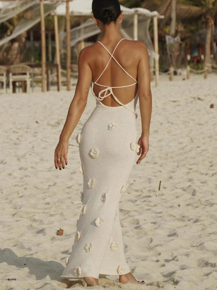 Knitted 3D Floral Slim Strap Backless Party Summer Maxi Dress