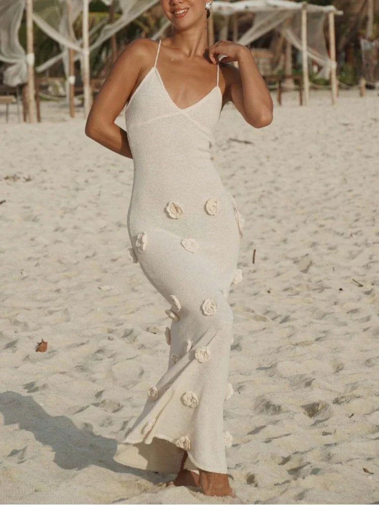 Knitted 3D Floral Slim Strap Backless Party Summer Maxi Dress