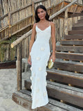 Knitted 3D Floral Slim Strap Backless Party Summer Maxi Dress