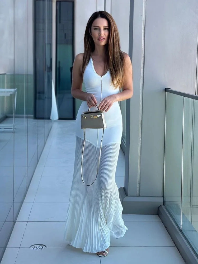 Knitted Patchwork V-Neck Draped Beach Party Maxi Dress