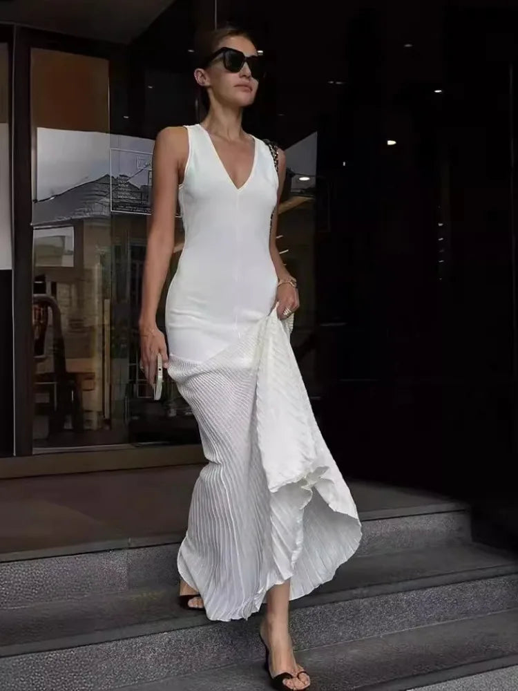 Knitted Patchwork V-Neck Draped Beach Party Maxi Dress