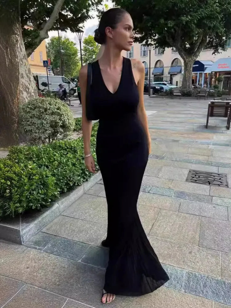 Knitted Patchwork V-Neck Draped Beach Party Maxi Dress