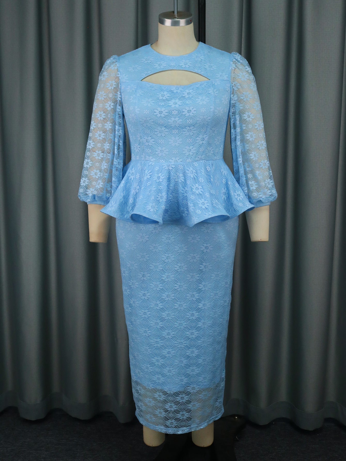 Lace Cutout Ruffled Lantern Sleeve Maxi Dress