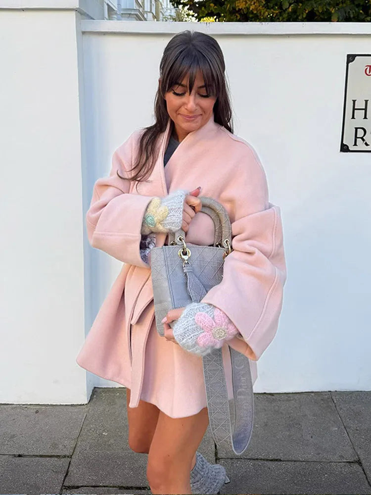 Pink V-neck Belted Wool Coat