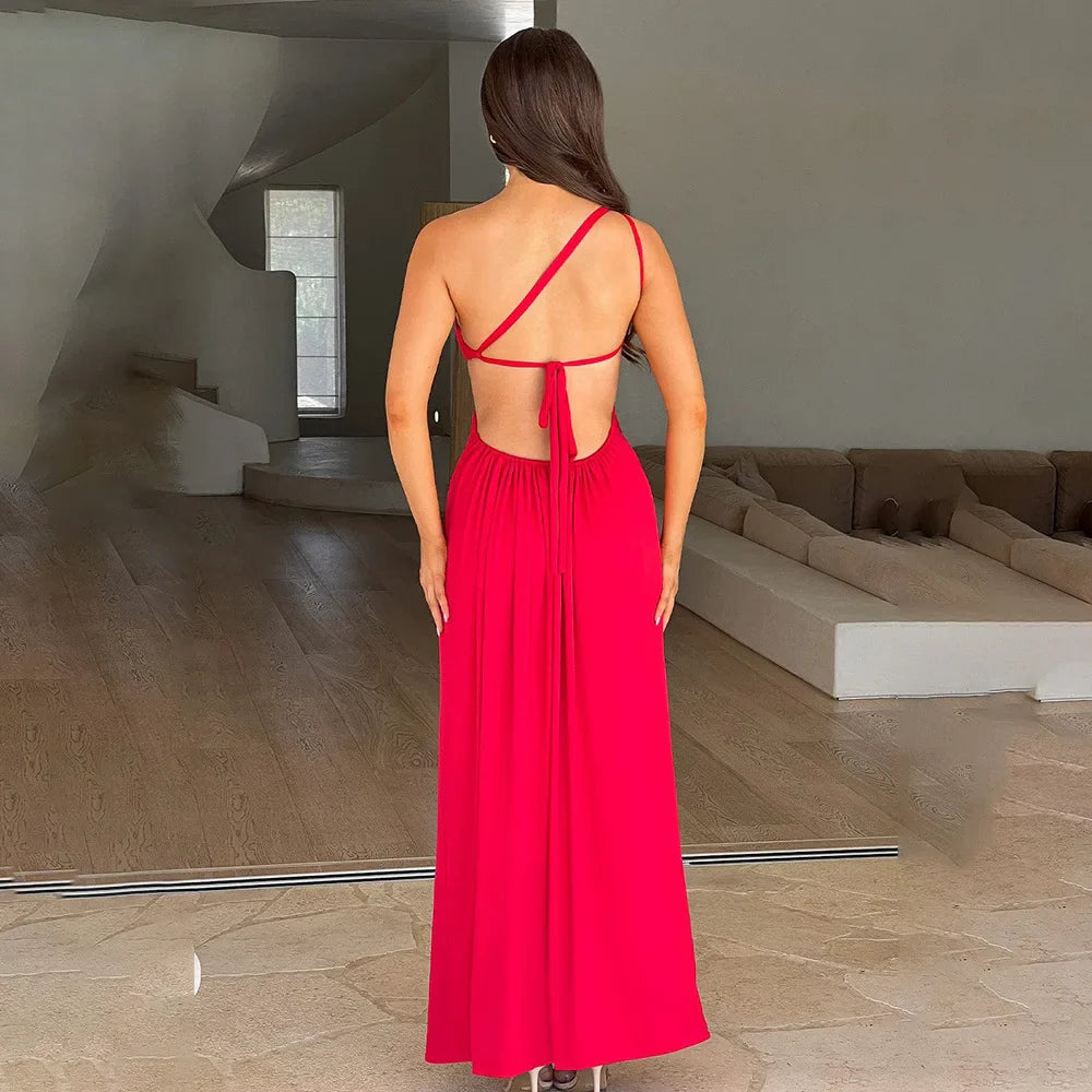 Red Backless Off Shoulder Maxi Party Dress