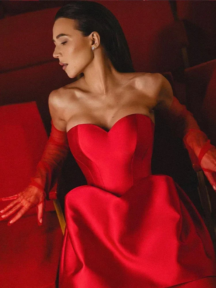 Red Flower Bud Strapless Off Shoulder Mini Dress