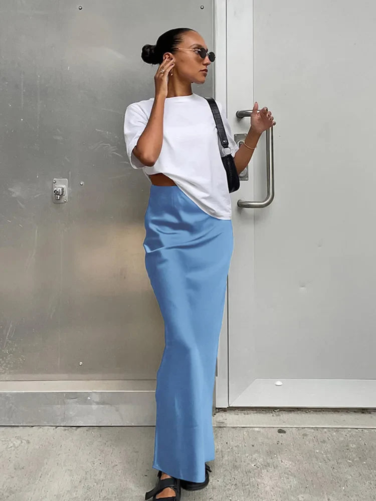 Satin Black Trumpet Office Long Skirt